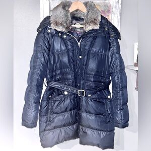 Vince Camuto Puffer Jacket Coat Hood Faux Fur Down Fill Full Zip Lg Excellent